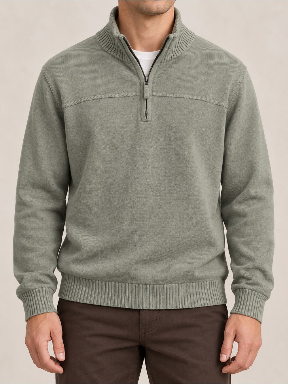 Timberland Men’s Olive Sage Green Cotton Quarter-Zip Sweater Large
